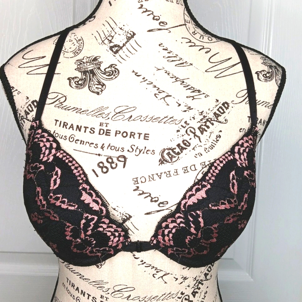 NWOT La Senza Black Pink Lace Racer Back Molded Cup Underwire Plunge Bra 32D